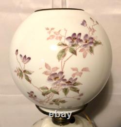Antique Victorian White Milk Glass Electric OilLamp/Painted Purple Flowers