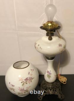 Antique Victorian White Milk Glass Electric OilLamp/Painted Purple Flowers