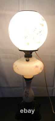 Antique Victorian White Milk Glass Electric OilLamp/Painted Purple Flowers