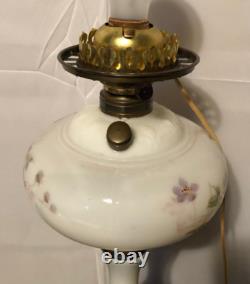 Antique Victorian White Milk Glass Electric OilLamp/Painted Purple Flowers