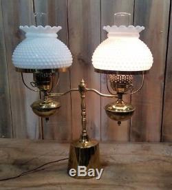Antique/Vintage Brass Accent Lamp Double Milk Glass Hobnail Hurricane Shades