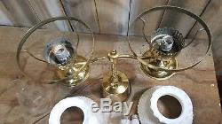 Antique/Vintage Brass Accent Lamp Double Milk Glass Hobnail Hurricane Shades