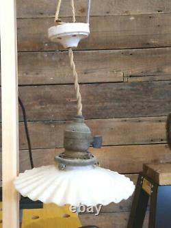 Antique Vintage Hanging Ruffled Milk Glass Pendant Light w Switch Fixture