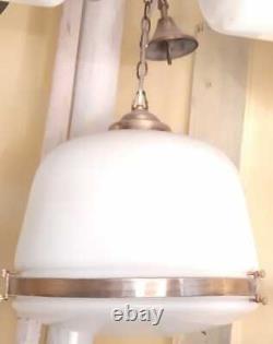 Antique Vintage Old Art Deco Fixture Ceiling Brass Hanging Light Milk Glass Lamp