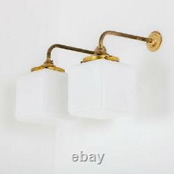 Antique Vintage Opaline White Milk Glass Cube Aged Brass Wall Light