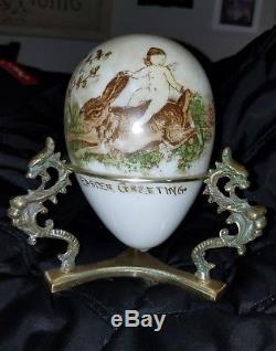 Antique Vintage Painted XL Easter Greetings Blown Milk Glass Egg Cherub Rabbit