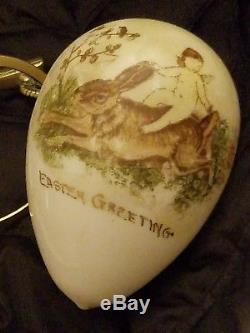 Antique Vintage Painted XL Easter Greetings Blown Milk Glass Egg Cherub Rabbit