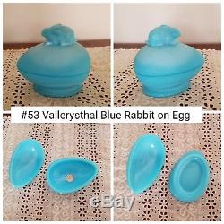 Antique/Vintage Vallerysthal Blue Rabbit on Egg Milk Glass Covered Dish