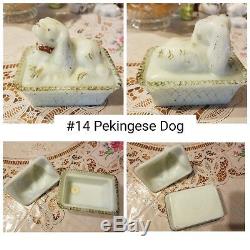 Antique/Vintage White Spaniel/Pekinese Dog Milk Glass Covered Dish