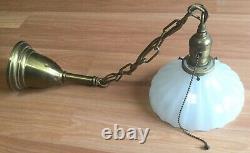 Antique Vtg Brass Pendant Ceiling Hanging Light Fixture White Milk Glass Shade