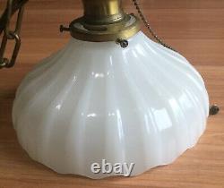 Antique Vtg Brass Pendant Ceiling Hanging Light Fixture White Milk Glass Shade