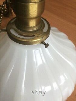 Antique Vtg Brass Pendant Ceiling Hanging Light Fixture White Milk Glass Shade