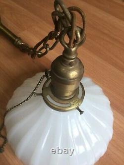 Antique Vtg Brass Pendant Ceiling Hanging Light Fixture White Milk Glass Shade