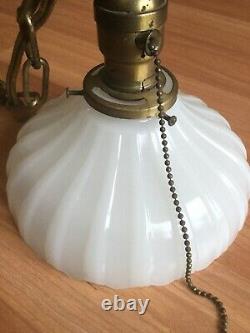 Antique Vtg Brass Pendant Ceiling Hanging Light Fixture White Milk Glass Shade