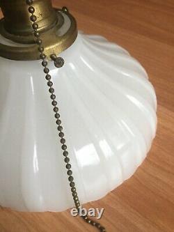 Antique Vtg Brass Pendant Ceiling Hanging Light Fixture White Milk Glass Shade