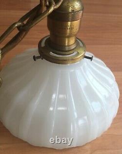 Antique Vtg Brass Pendant Ceiling Hanging Light Fixture White Milk Glass Shade