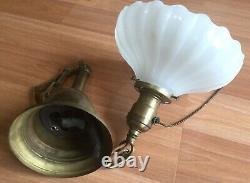 Antique Vtg Brass Pendant Ceiling Hanging Light Fixture White Milk Glass Shade