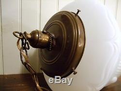 Antique / Vtg Ceiling Light Swag Lamp Fixture Art Deco Milk Glass /Brass Pendant
