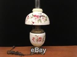 Antique/Vtg Electrified Milk Glass Hurricane Lamp with HP Pansy Flowers gwtw