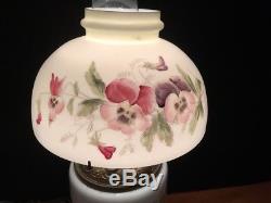 Antique/Vtg Electrified Milk Glass Hurricane Lamp with HP Pansy Flowers gwtw