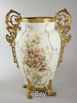 Antique Wave Crest Milk Glass Chrysanthemum Details Footed Vase Ormolu Handles