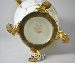 Antique Wave Crest Milk Glass Chrysanthemum Details Footed Vase Ormolu Handles
