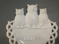 Antique Westmoreland Milk Glass Three Owls Platter 7 3/8 Diameter
