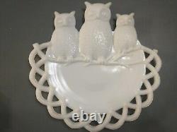 Antique Westmoreland Milk Glass Three Owls Platter 7 3/8 Diameter