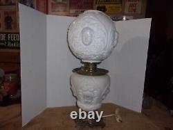 Antique White Milk Glass Cherub or Baby Face Converted Table Oil Lamp