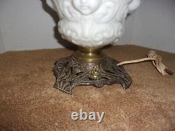 Antique White Milk Glass Cherub or Baby Face Converted Table Oil Lamp