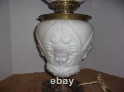 Antique White Milk Glass Cherub or Baby Face Converted Table Oil Lamp