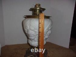 Antique White Milk Glass Cherub or Baby Face Converted Table Oil Lamp