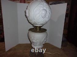 Antique White Milk Glass Cherub or Baby Face Converted Table Oil Lamp