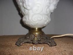 Antique White Milk Glass Cherub or Baby Face Converted Table Oil Lamp