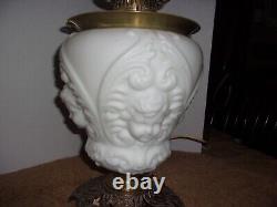 Antique White Milk Glass Cherub or Baby Face Converted Table Oil Lamp