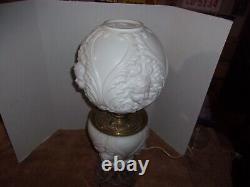 Antique White Milk Glass Cherub or Baby Face Converted Table Oil Lamp