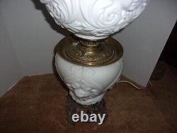 Antique White Milk Glass Cherub or Baby Face Converted Table Oil Lamp