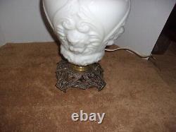 Antique White Milk Glass Cherub or Baby Face Converted Table Oil Lamp