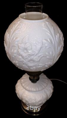 Antique White Milk Glass Lamp Victorian Oak Leaf Rose Vintage Gone With The Wind