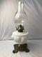 Antique White Milk Glass Ornate Textured Detail Pedestal Oil Lamp 16.5h X 6w