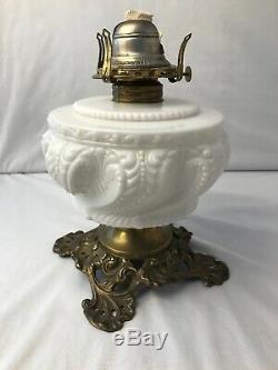 Antique White Milk Glass Ornate Textured Detail Pedestal Oil Lamp 16.5H x 6W