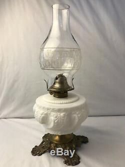 Antique White Milk Glass Ornate Textured Detail Pedestal Oil Lamp 16.5H x 6W