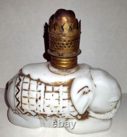 Antique White Opaque Milk Glass Elephant Miniature Oil Lamp Kerosene