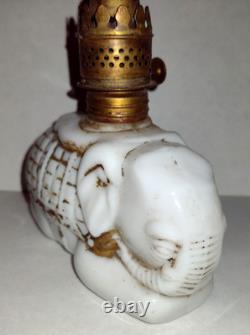 Antique White Opaque Milk Glass Elephant Miniature Oil Lamp Kerosene