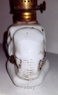 Antique White Opaque Milk Glass Elephant Miniature Oil Lamp Kerosene