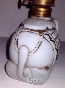 Antique White Opaque Milk Glass Elephant Miniature Oil Lamp Kerosene