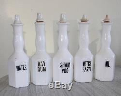 Antique barber bottles set milk glass, Oil, Water, Shampoo, Witch Hazel, Bay Rum