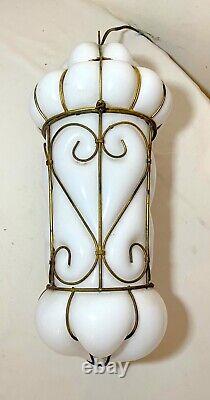 Antique blown Italian Murano Venetian white milk glass hanging cage chandelier