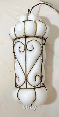 Antique blown Italian Murano Venetian white milk glass hanging cage chandelier