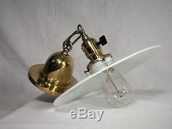 Antique c1910 Industrial Hanging Opal Light Fixture VTG Flat Milk Glass Shade